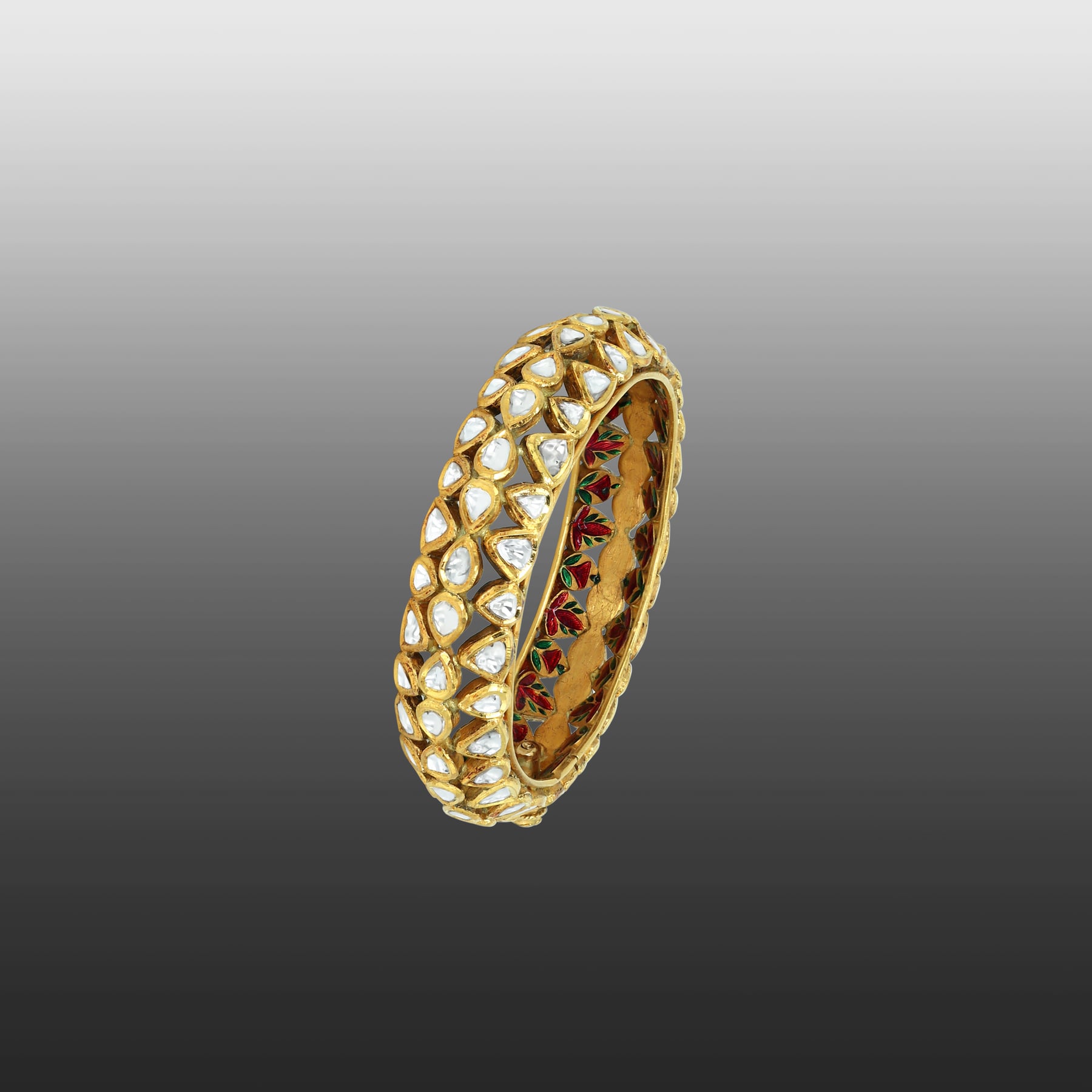 Honeycomb Polki Bangle with Red-Green Enamel Detailing